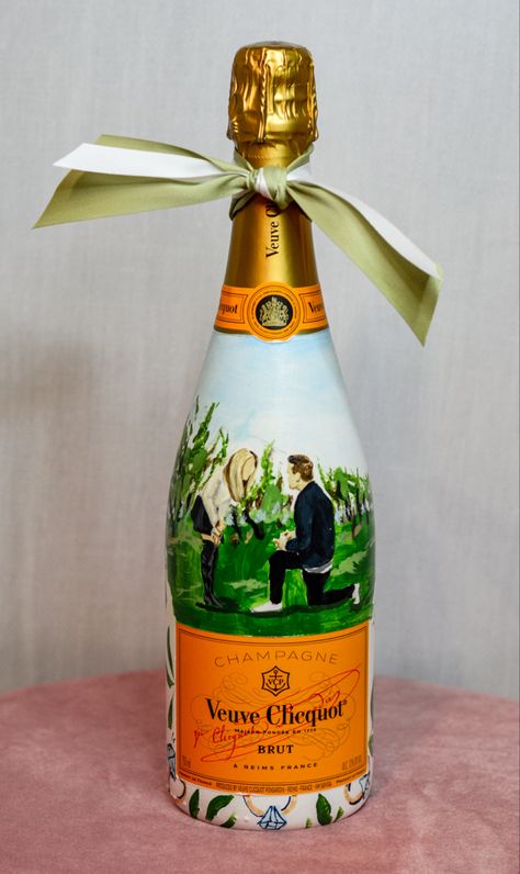 Couple proposal painted on a Veuve Clicquot Champagne bottle Champagne Bottle Painting Engagement, Veuve Painted Bottle, Painted Champagne Bottle Engagement, Engagement Champagne Bottle, Painted Champagne Bottle Wedding, Veuve Party, Wedding Champagne Bottles, Painted Champagne Bottle, Couple Proposal