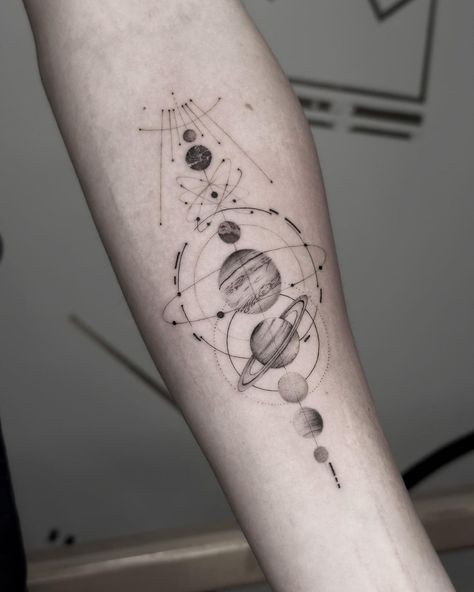 12 Amazing Space Tattoo Ideas, Symbolize The Universe's Grandeur Universe Theme Tattoo, Planet Fine Line Tattoo, Space Tattoo Minimalist, Space Thigh Tattoo, Blank Space Tattoo, Fine Line Space Tattoo, Matching Space Tattoos, Astrophysics Tattoo, Universe Tattoo Design