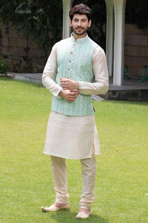 Sea Green Kurta For Men, Indian Waistcoat Men, Wedding Dresses For Men Indian, Engagement Dress For Groom Indian, Waistcoat Men Wedding, Brocade Waistcoat, Engagement Dress For Men, Engagement Dress For Groom, Indian Groom Dress