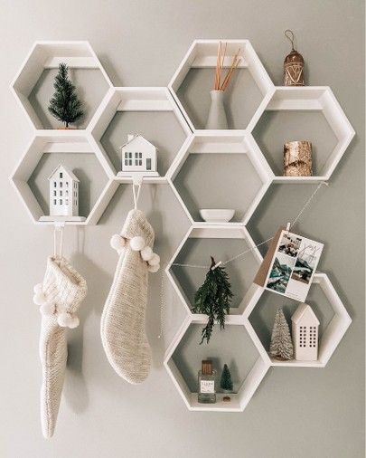 Hexagon Shelves Christmas Decor, Shelves Christmas Decor, Decor Floating Shelves, Hexagon Shelf, Honeycomb Shelves, Artifact Uprising, Hexagon Shelves, Shelf Styling, Open Shelves