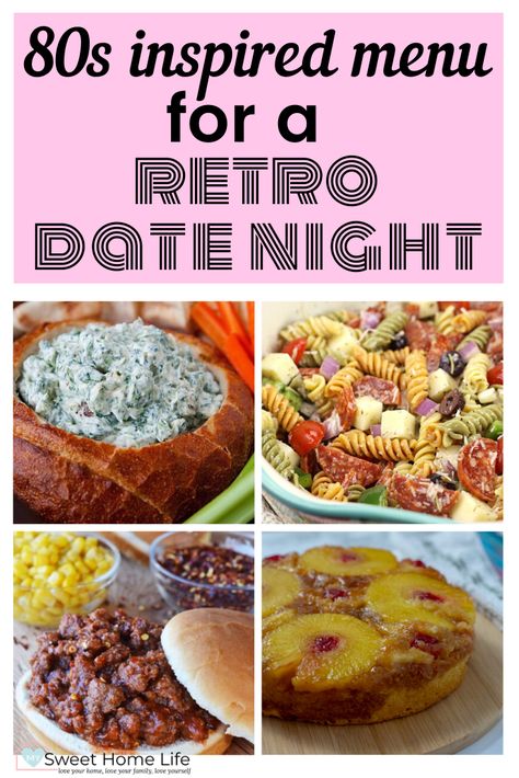 Indulge in some 80s nostalgia food for your retro themed date night at home or fun trip back in time! #datenight #80smenu #athomedatenight 80s Theme Dinner Party, 80s Snack Food, Food For 80s Theme Party, 80s Inspired Party Food, Fun Easy Dinner Ideas For Family, 80s Prom Party Food, Popular Foods From The 80s, Food Theme Nights, 80s Themed Food Party Ideas