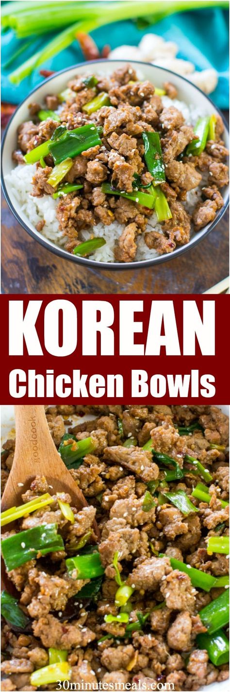 Korean Chicken Bowls are one of the easiest and tastiest dishes you can make in just under 20 minutes. Made in one pan with budget friendly ingredients. #chicken #onepan Korean Chicken, Bulgogi, Best Chicken Recipes, Asian Dishes, Poultry Recipes, Baked Chicken, Lunch Recipes, Chicken Dinner, Main Dish Recipes