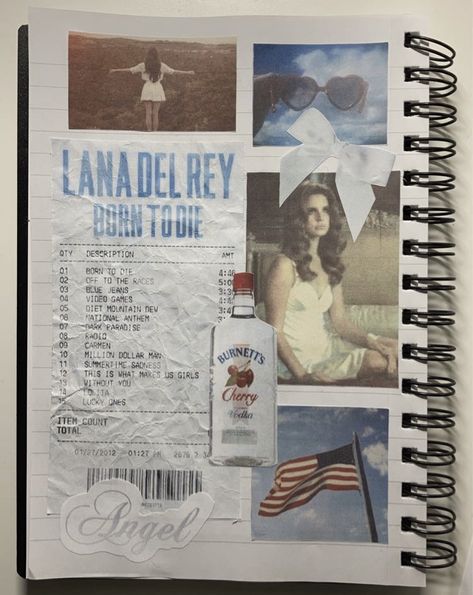 Diary Aesthetic Cover, Lana Del Rey Journal, Coquette Diary, Coquette Drawing, Diet Mountain Dew Lana Del Rey, Coquette Diy, Journal 2024, Music Journal, Journal Notes