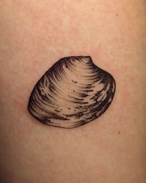 Lil tiny realistic clam shell for Calli! We made it exactly keeper size (1.5") so it'll double as a ruler when she goes clamming! Super fun. I'd love to do more like this. Clam Shell Drawing, Clam With Pearl Tattoo, Clam Tattoo, April Tattoos, Clam With Pearl, Pearl Tattoo, Shell Tattoo, Shell Tattoos, Tattoo Meaning