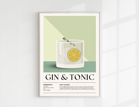 Gin and Tonic | Drink Digital Print | Vintage Cocktail Wall Art | Cocktail Print | Mixology Decor | Bar Decor | Mixology Gift by SharpeCreative on Etsy Gin And Tonic Poster, Mixology Gifts, Cocktail Wall Art, Art Cocktail, Tonic Drink, Cocktail Wall, Cocktail Art, Room Transformation, Minimalist Designs