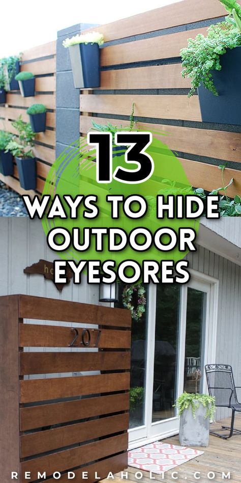 diy ways to hide outdoor eyesores How To Hide Ac Condenser, Ac Unit Cover Outdoor Diy Fence, Cover Ac Unit Outdoor Air Conditioner Screen, Ways To Cover Ac Unit Outside, Hiding Outside Air Conditioner, Air Conditioner Cover Outdoor Hide Ac Units, Utility Box Cover Ideas Outdoor Diy, Ways To Hide Air Conditioning Units Outside, Hide Power Box In Yard