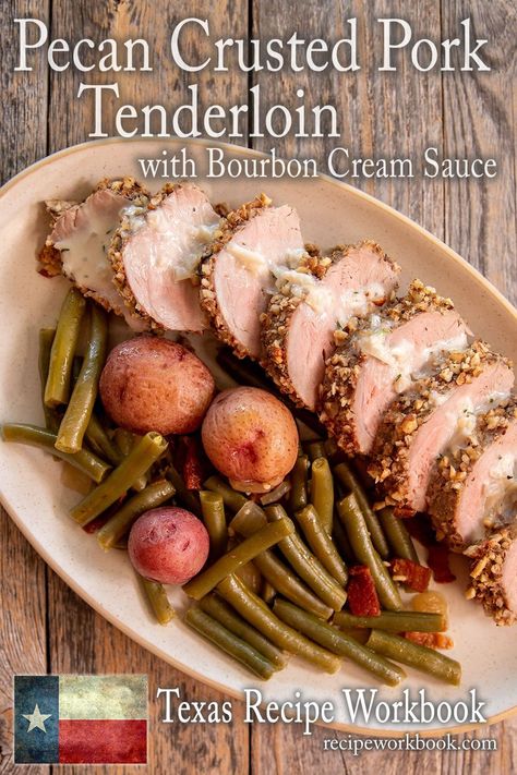 Pecans, pork tenderloin, and bourbon go together like they were made for each other and are the perfect way to utilize Texas's abundant pecan harvest. #pecans #pork #texas via @recipeworkbook Pretzel Crusted Pork Tenderloin, Pecan Crusted Pork Tenderloin, Bourbon Cream Sauce, Crusted Pork Tenderloin, Bourbon Cream, Pork Glaze, Made For Each Other, Tenderloin Recipes, Parmesan Crusted