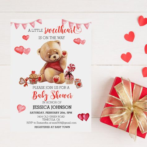 Valentines Day Baby Shower Teddy Bear Hearts Invitation #zazzle #weddinginvitations #birthdayinvitations #babyshowerinvitations #zazzleinvitations #monogram #businesscards #graduation #homedecor Valentine Baby Shower Invitations, Baby Shower Teddy Bear, Cadeau St Valentin, Teddy Bear Baby Shower Invitations, Valentines Baby Shower, Bear Invitations, Baby Event, Valentines Day Baby, Teddy Bear Baby Shower