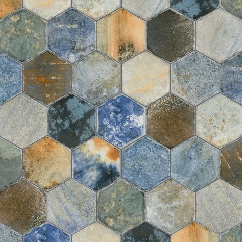 Multi Color Tile, Affinity Tile, Hexagon Floor, Fireplace Facade, Hexagon Tile, Earth Tone Color, Bath Tiles, Merola Tile, Porcelain Floor