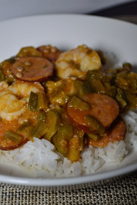 Smothered Okra, Sausage Shrimp, Okra And Tomatoes, Cajun Sausage, Shrimp Sausage, Okra Recipes, Cajun Dishes, Gumbo Recipe, Cajun Cooking