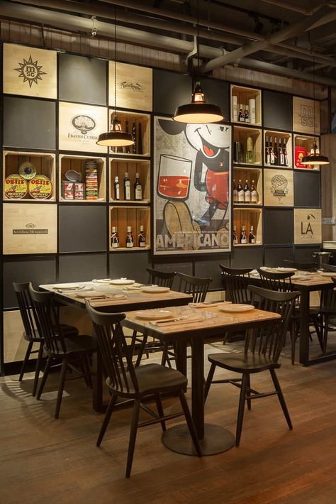 Hannah Churchill · Gemma - Italian Pizzeria and Bar - Shanghai · Divisare Italian Restaurant Interior, Italian Pizzeria, Wooden Crate Shelves, Fun Restaurant, White Leather Couch, Fancy Pizza, Pizzeria Design, Italian Bar, New York Pizza