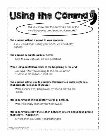 Comma-Rules, How to Use the Comma How To Use Commas, When To Use A Comma, Comma Worksheets, When To Use Commas, Using Commas, Teaching Punctuation, Commas In A Series, Comma Rules, 6th Grade Worksheets