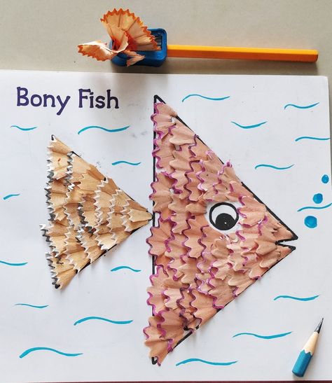 Pencil waste art, beat out of waste activity for grade 1, pencil waste bony fish Grade 1 Drawing Ideas, Pencil Sharpener Waste Art, Pencil Shaving Art Creative, Pencil Waste Art, Pencil Shaving Art For Kids, Pencil Waste Craft, Best Out Of Waste For Kids, Pencil Crafts For Kids, Pencil Shavings Craft