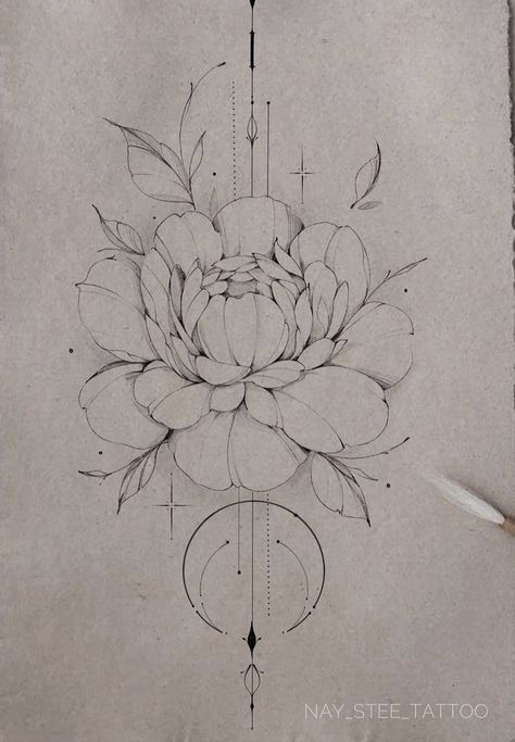 Geometric Flower Tattoo Design, Floral Mandala Tattoo Design, Linework Flower Tattoo, Small Peony Tattoo, Floral Tattoo Stencil, Fineline Floral Tattoo, Mandala Floral Tattoo Design, Fineline Tattoo Design, Cover Up Tattoo Design