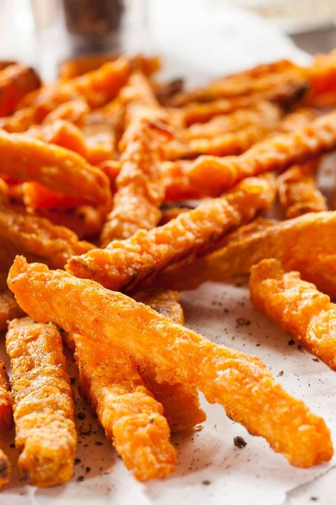 Crispy Deep-Fried Sweet Potato Fries - IzzyCooking Halloween Sweet Potato Fries, Yam Fries Baked, Fried Sweet Potato Fries, Best Sweet Potato Fries, Sweet Potato Fried, Sweet Potato Fry, Fried Sweet Potatoes, Deep Fried French Fries, Loaded Baked Sweet Potato