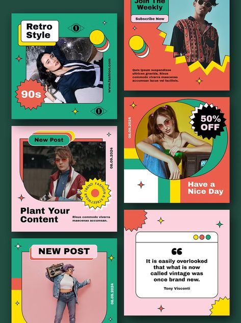 Retro Fashion Instagram Posts Design PSD Neubrutalism Graphic Design, Fun Instagram Posts, Instagram Post Theme, Retro Instagram Feed, Team Instagram Post, Fashion Social Media Design, Maximalism Graphic Design, Social Media Post Layout, Instagram Posts Design