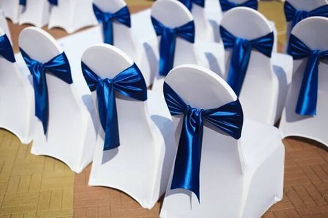 Blue Table Napkins, Chair Covers Wedding Reception, Navy Blue Wedding Decorations, Navy Blue Table Runner, Party Decorations Table, Banquet Chairs, Blue Wedding Decorations, Banquet Chair Covers, Wedding Ambiance