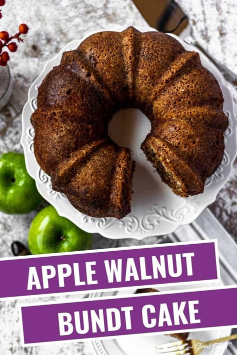 Apple Walnut Bundt Cake is not only the perfect fall dessert, it’s downright apple-licious! Studded with tart Granny Smith apples, crunchy walnuts, and cinnamon spice, this Apple Bundt Cake is easy to prepare and stays fresh and super moist for days. Walnut Bundt Cake, Apple Walnut Cake, Spicy Cake, Monkey Breads, Chocolate Apple, Apple Custard, Apple Bundt Cake, Fresh Apple Cake, Apple Walnut