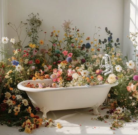 Photo Studio Flower Set Up, Bathtub Flower Photoshoot, Spring Flower Backdrop, Flower Farm Photoshoot Ideas, Flowers In Sink, Flower Bathtub, Bathtub Flowers, Floral Photoshoot, Dream Wedding Decorations