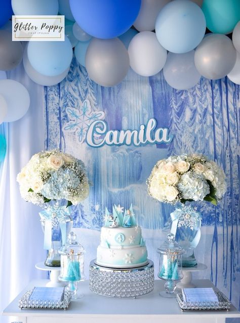 Kara's Party Ideas Frozen Birthday Party | Kara's Party Ideas Frozen Backdrop, Frozen Themed Birthday Cake, Frozen Birthday Party Ideas, Frozen Theme Cake, Party Cake Table, Graduation Party Banners, Easy Party Decorations, Frozen Themed Birthday Party, Dinner Party Decorations