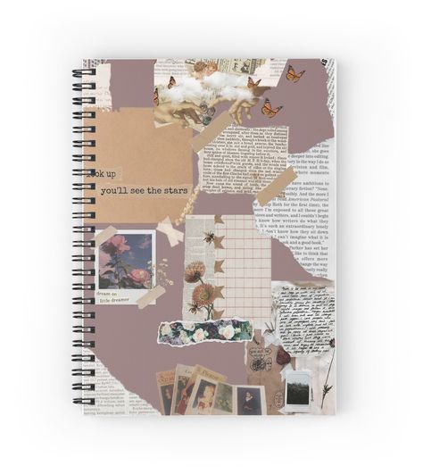 Spiral notebooks with high-quality edge-to-edge print on front. 120 pages in your choice of ruled or graph lines. Stationary For Journaling, How To Decorate Notebook, Journal Books To Buy, Scrapbook Front Cover Ideas Aesthetic, Collage Ideas For School Projects, Decorated Notebooks Cover, Collage Notebook Cover, Notebook Front Page Ideas, Aesthetic Colleges