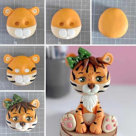 Tiger Cake Topper, Tiger Cake, Cake Decorating Courses, Cake Topper Tutorial, Fondant Animals, Fondant Cake Toppers, Fondant Tutorial, Fondant Decorations, Animal Cake