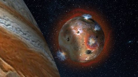 For two hours of Io’s day (1.7 Earth days), it is eclipsed by Jupiter. The temperature drop freezes sulfur dioxide (SO2) gas, causing the atmosphere to “deflate.” Image via Southwest Research Institute. Jupiter Facts, Juno Spacecraft, Jupiter Moons, Science Fact, Moon Surface, Gas Giant, Our Solar System, Astronomer, Spacecraft