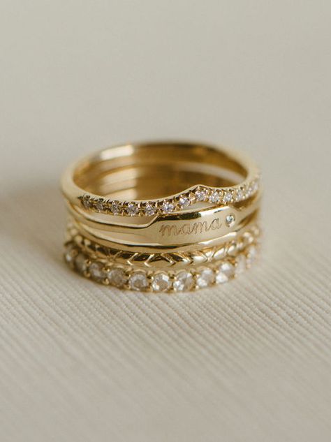 this ring stack is the perfect Mother's Day present to you mom. brilliant white diamonds, textured rings, white rose cut diamond eternity band and the mama script ring. Push Present Ring Stackable, Push Present Jewelry, Push Present Ring, Push Present Ideas, Push Ring, Mothers Day Rings, Push Present, Ring Stacks, Mother's Day Jewelry