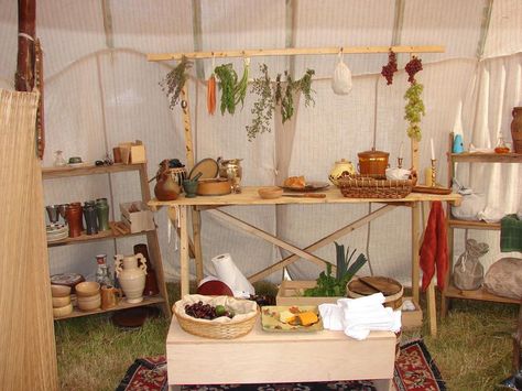 viking kitchen tent Pennsic Camping, Larp Camp, Larp Camping, Camp Equipment, Medieval Camp, Medieval Camping, Kitchen Tent, Barbarian Costume, Viking Tent