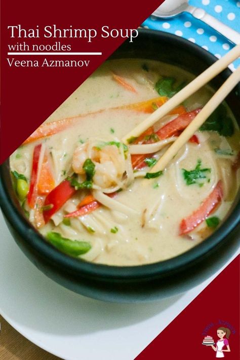 This Thai shrimp noodle soup uses frozen shrimps, curry paste, coconut milk, a few pantry staples and gets ready in just 10 minutes. I add a few noodles to make it hearty and wholesome #thai #noodle #shrimp #soup #thaisoup #thaishrimpsoup #thainoodlesoup #thaicurry #Thaicurrysoup #noodlesoup #thaicurrypaste #shrimpsoup #prawnsoup #shrimpnoodlesoup Thai Shrimp Soup, Thai Soup Recipes, Thai Curry Soup, Prawn Soup, Soup With Coconut Milk, Warm Soup Recipes, Thai Shrimp, Chicken Skewer Recipe, Thai Curry Paste