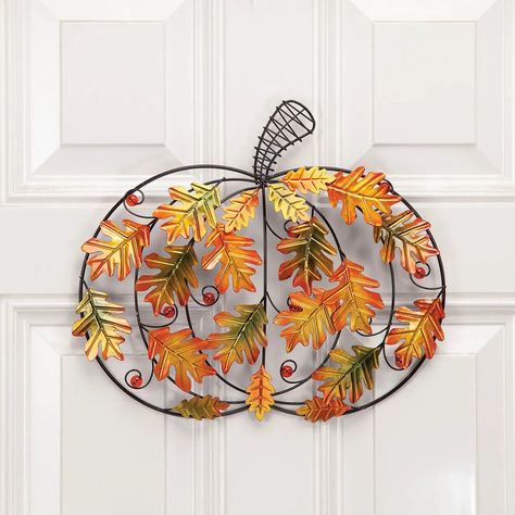 Metal Pumpkin Wall Hanging Front Door Decor Fall Halloween Autumn Leaves Pumpkin Wall Hanging, Pumpkin Wall, Metal Pumpkins, Autumn Look, Halloween Autumn, Clock Shop, Decor Fall, Fall Foliage, Front Door Decor