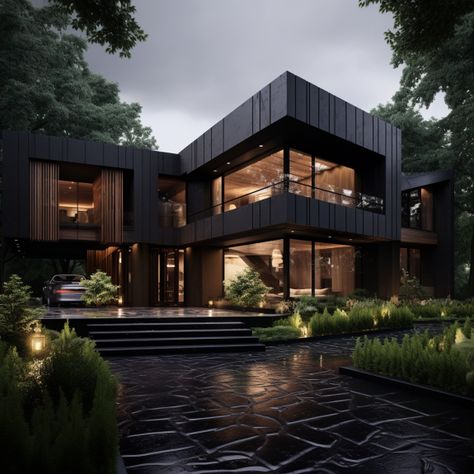 Black modern house in forest in vray tracing style, dark bronze and brown architecture with subtle lighting ✨ ... ... ... #ModernHouse #StunningHouse #DarkInterior #forest_captures #lighting #GoldArchitecture #NatureInspired #Elegance #DreamHome #InstaGood #Content #DarkView Forest Modern House Exterior, Black Modern House Aesthetic, Modern Black Wood House, Black And Brown Modern House, Black And Brown House Interior Design, Dark Houses Modern, Black Modern Luxury House, Modern Forest House Exterior, Black And Brown House Exterior