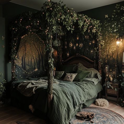 Transform Your Space with Gothic Bedroom Designs: A Guide to Dark Elegance - Kelly's Classroom Woodland Goth Bedroom, Dark Manor Bedroom, Gothic Forest Bedroom, Room Decor Dark Aesthetic, Corner Canopy Bed, Medieval Bedroom Aesthetic, Medieval Room Aesthetic, Green Gothic Bedroom, Whimsical Goth Room