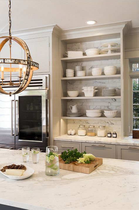 Love the tiled shelving that goes to the ceiling. Kitchen-Bookshelf-with-tiles.-Kitchen-bookshelf-cabinet-with-tiled-back.-The-open-bookshelf-cabinet-in-this-kitchen-features-1 Kitchen Bookshelf, Kitchen Cabinet Interior, Home Paint Color, Beautiful Kitchen Cabinets, Grey Kitchen Designs, Kitchen Cabinets Makeover, Classic Kitchen, Grey Kitchen Cabinets, Grey Kitchens