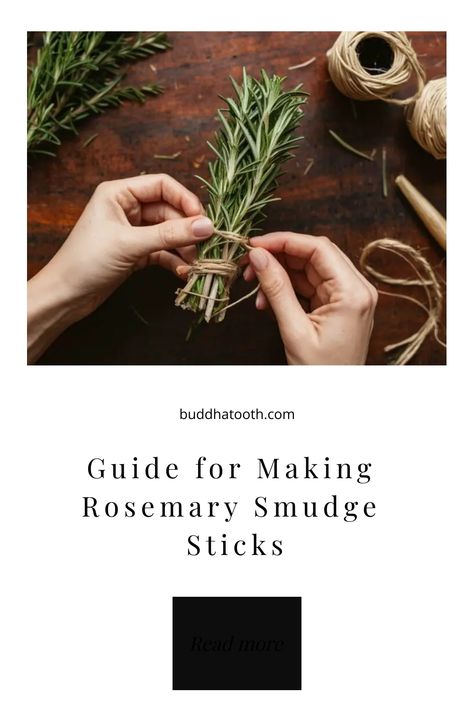 Hands tying a bundle of rosemary with twine on a wooden surface. How To Burn Rosemary, Smudge Bundles Diy, How To Smudge Your Home, Diy Smudge Stick, Smudge Recipes, Rosemary Smudge Stick, Smudge Sticks Diy, Rosemary Smudge, Serene Art