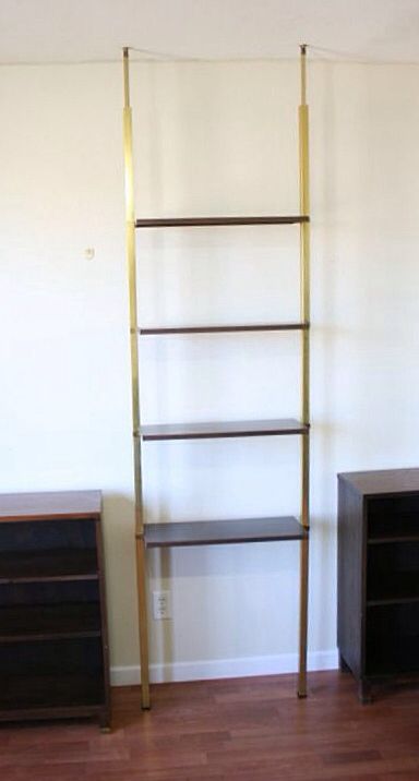 Tension pole shelf. Tension Rod Shelves, Tension Rod Shelf, Pole Shelf, Shed To Cabin Conversion, Mid Century Room Divider, Courtyard Wall, Surfboard Rack, Tension Rods, Jungle Room