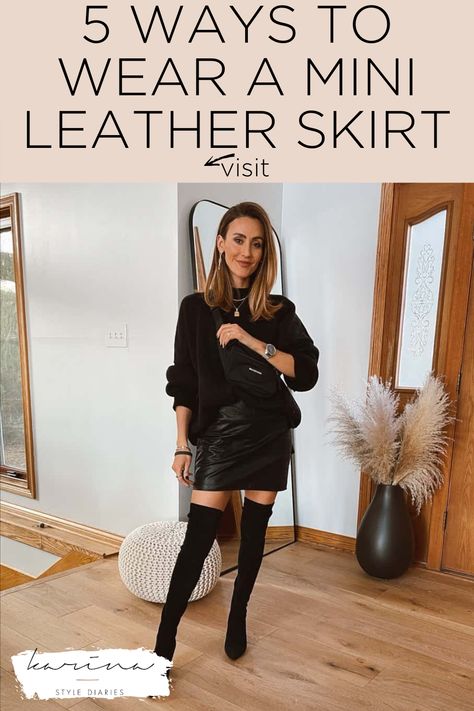 Leather Skirt New Years Outfit, Leather Mini Skirt Outfit 2023, Black Mini Skirt Holiday Outfit, Leather Skirt Ideas Outfit, Leather Skirt Holiday Party Outfit, Black Mini Skirt Outfits Fall, Faux Leather Mini Skirt Outfit Winter, Styling Leather Mini Skirt, All Black Skirt Outfit Winter