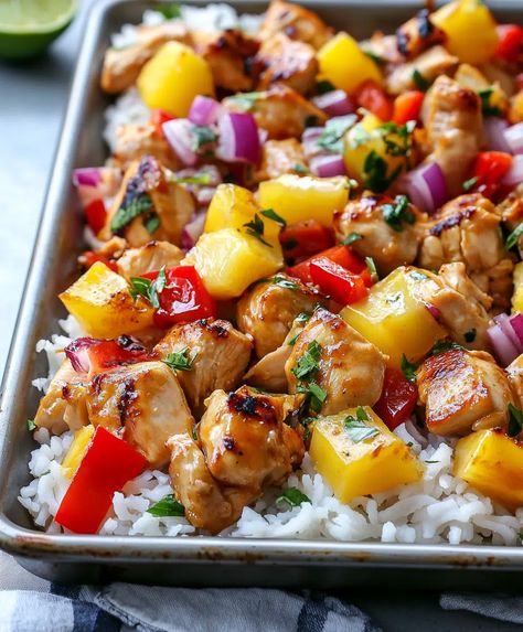 Hawaiian Chicken Sheet Pan Recipe - emiliarecipes.com Chicken Sheet Pan Recipe, Chicken Tortillas, Chicken Sheet Pan, Sheet Pan Meals Chicken, Mexican Chicken Casserole, Chicken Casserole Recipe, Pan Recipe, Hawaiian Chicken, Mexican Chicken