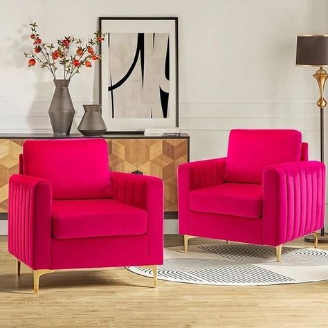 Elevate your home decor with our luxe accent pink velvet chair! 🌟 Add a touch of modern coziness with a pop of pink! #pinkhomedecor #modernpinkliving #retropinkchair #pinklivingroom #pinkaccentchair #pinkiscool #pinkloveseat https://www.thinkinpink.org Velvet Club Chair, Pink Accent Chair, Hot Pink Decor, Comfy Reading Chair, Rv Furniture, Comfy Reading, White Accent Chair, Pink Sofa, Upholstery Cushions