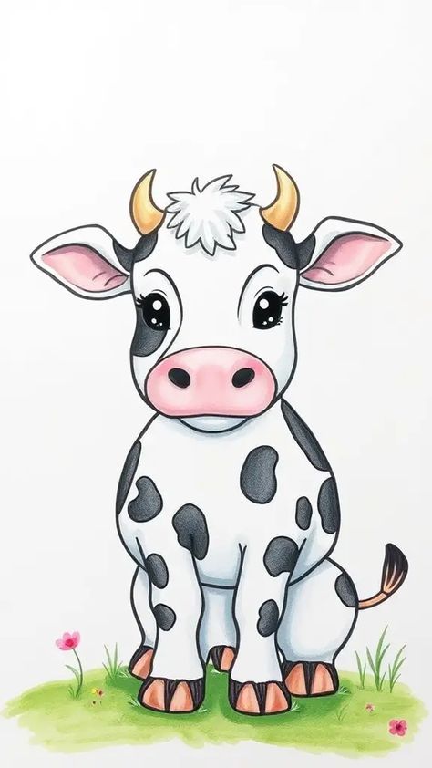 Check Out This Cute Cow Drawing & 12+ Other Cow Drawing Ideas! #drawinginspiration #drawing Cow Drawings Sketches, Cow And Calf Drawing Easy, Cute Cow Face Drawing, Cow Cute Drawing, Cow Drawing Simple, Cow Sketch Drawings, Cute Cow Sketch, How To Draw A Cow, Cow Easy Drawing