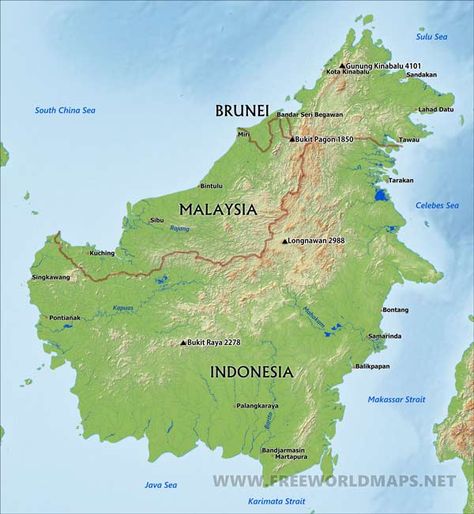 Brunei Map, Asean Countries, Borneo Island, Bintan Island, Tawau, Laos Vietnam, Sandakan, Physical Map, Sibu