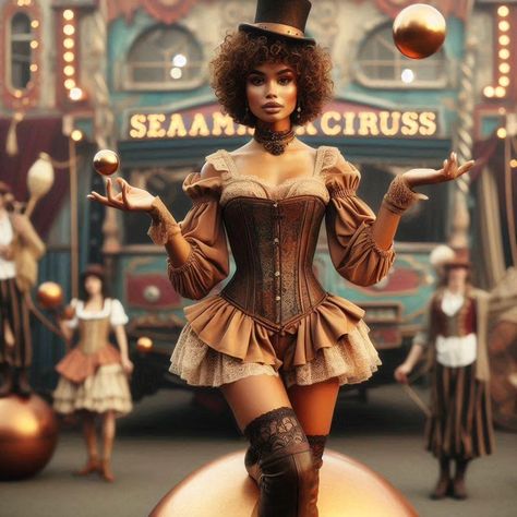 Today's Theme: Steampunk Circus🎪 for @inbetween.ai Circus Acrobat Outfit, Carnival Costumes Ideas, Steampunk Circus, Circus Acrobat, Circus Fashion, Salem Halloween, Circus Outfits, Carnival Costumes, Comic Book