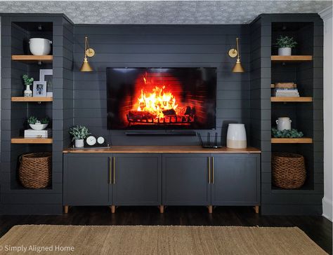 Ikea Hacks For Tv Wall, Ikea Basement Built Ins, Built In Tv Wall Unit Shiplap, Basement Wall Unit Ideas, Entertainment Center Design Ideas, Ikea Hack Tv Wall Built Ins, Diy Entertainment Center Ikea Hack, Ikea Entertainment Centers, Entertainment Wall Ikea Hack