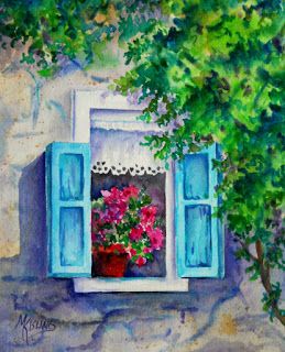 Martha Kisling Art With Heart Studio: A Spring Window, Lace Curtains and a Few Flowers Windows Drawing, Art With Flowers, Blue Shutters, 수채화 그림, Art Quilt, Lace Curtains, Interior Modern, Wow Art, Window Art