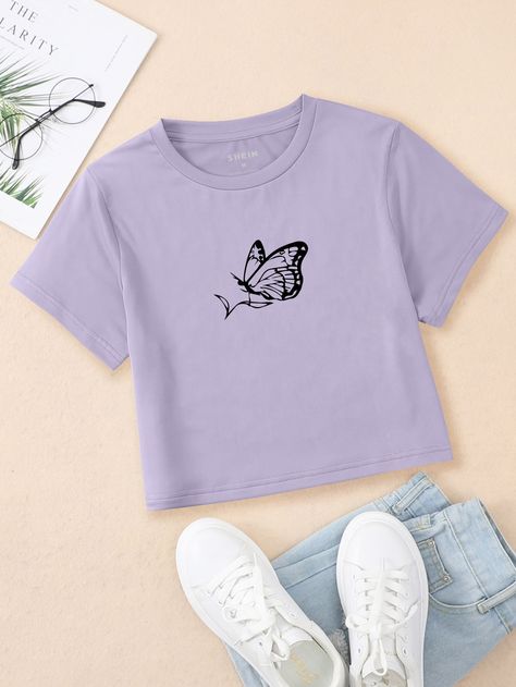 Leopard Butterfly, Flatlay Clothes, Butterfly Clothes, Printed Tee Women, Tumblr T Shirt, Flower Shorts, Purple T Shirts, Round Neck Tees, Crop Top Shirts