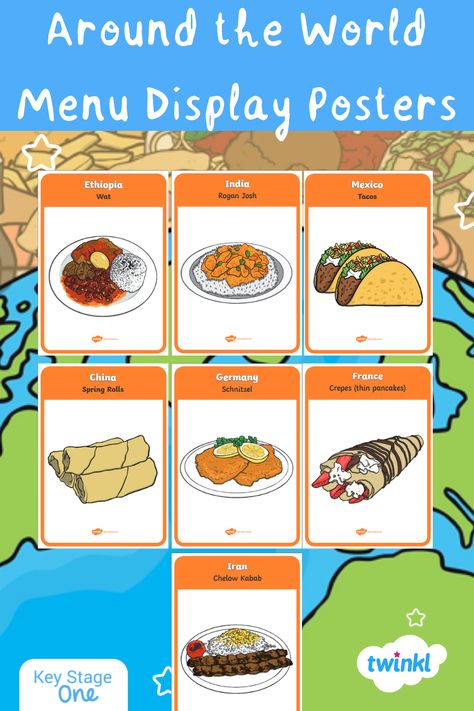 Use this lovely set of A4 display posters featuring some key dishes from countries around the world. Bright and eye-catching they're great for use in a general display or as classroom enhancements, as well as for prompting discussions on foods from around the world. Food Around The World Activities, Food Flashcards, Food From Around The World, Food Around The World, Foods From Around The World, Menu Display, Around The World Theme, Display Posters, Rogan Josh