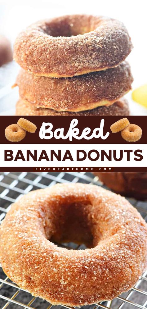 This Mother's Day brunch recipe is one of the things to make with overripe bananas! Your Easter Sunday breakfast also must have these baked donuts that are lighter than fried. Whether finished with chocolate glaze or cinnamon sugar, these baked banana donuts are delicious! Banana Doughnut Recipe, Banana Doughnuts Baked, Overripe Banana Recipes Easy, Banana Donuts Baked, Recipes Using Ripe Bananas, Over Ripe Banana Recipes, Overripe Banana Recipes, Easter Sunday Breakfast, Healthy Doughnuts