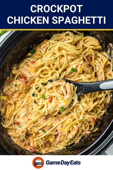 Indulge in the ultimate comfort food with Crockpot Chicken Spaghetti! Creamy, cheesy, and bursting with flavor, it's made with tender chicken, Colby jack cheese, sour cream, Rotel tomatoes, and Southwestern seasoning. Let your slow cooker do the work while you savor every delicious bite of this hearty meal. Perfect for busy weeknights or game day gatherings, it's sure to become a favorite! Get the easy recipe and find out how to make the best chicken spaghetti with Rotel in a crock pot. Chicken Crockpot Recipes Tailgate, Crock Pot Chicken Tender Recipes, Crock Pot Chicken Spaghetti Easy, Crockpot Chicken Recipes Cream Cheese, Easy Chicken Crockpot Recipes Healthy, Chicken Tender Crockpot Recipes, Easy Chicken Crockpot Meals, Chicken Spaghetti Recipe With Rotel, Chicken Tenders Crockpot