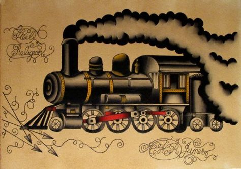 train Train Tattoos, Train Tattoo, Americana Tattoo, Left Arm Tattoos, Rockabilly Tattoo, Train Drawing, History Tattoos, Traditional Style Tattoo, Remembrance Tattoos