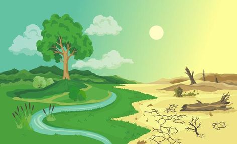 Climate change desertification illustrat... | Premium Vector #Freepik #vector #infographic #tree #texture #green Desertification Drawing, Climate Changing Poster, Climate Changing, Environmental Posters, Tree Texture, Environmental Problems, Finance Infographic, Earth Drawings, Concept Web